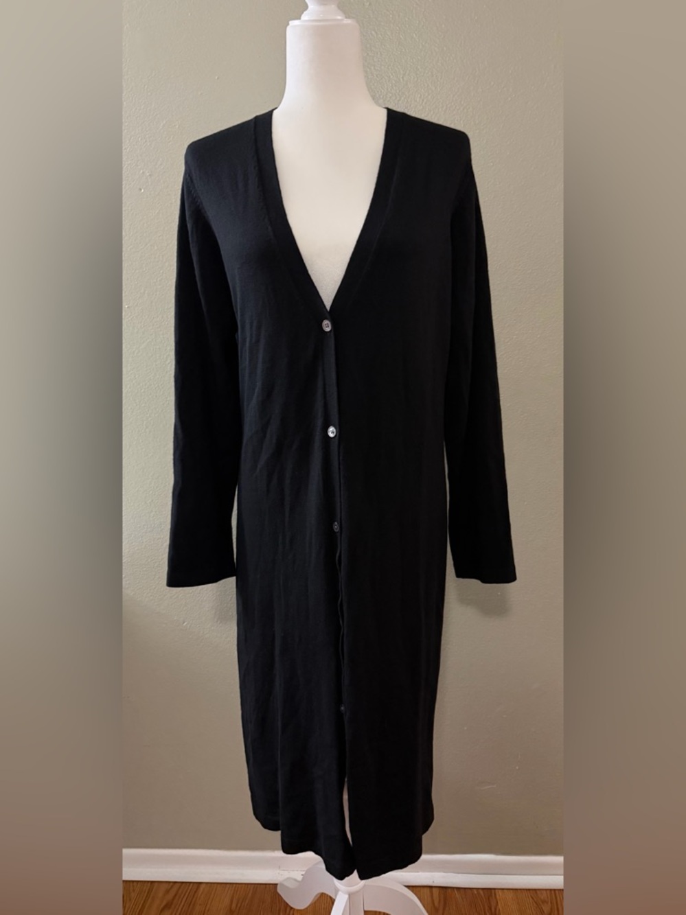 Vintage Brooks Brothers 346 Black 100% Merino Wool Long Duster Cardigan Large